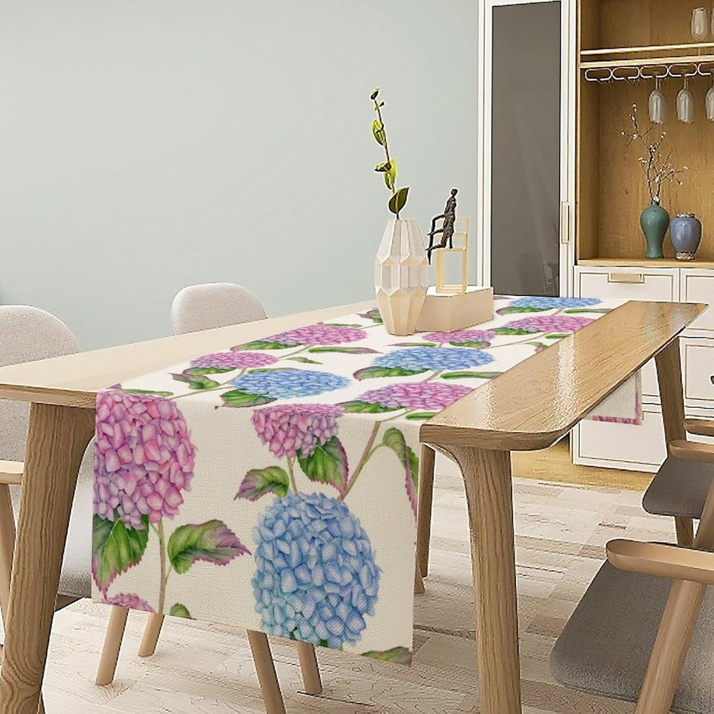 Spring Hydrangea Flower Table Runner, Seasonal Summer Plants Watercolor Pink Purple Florals Dinner Runner for Home Kitchen Dining Table Party Holiday Decoration 13"x120"