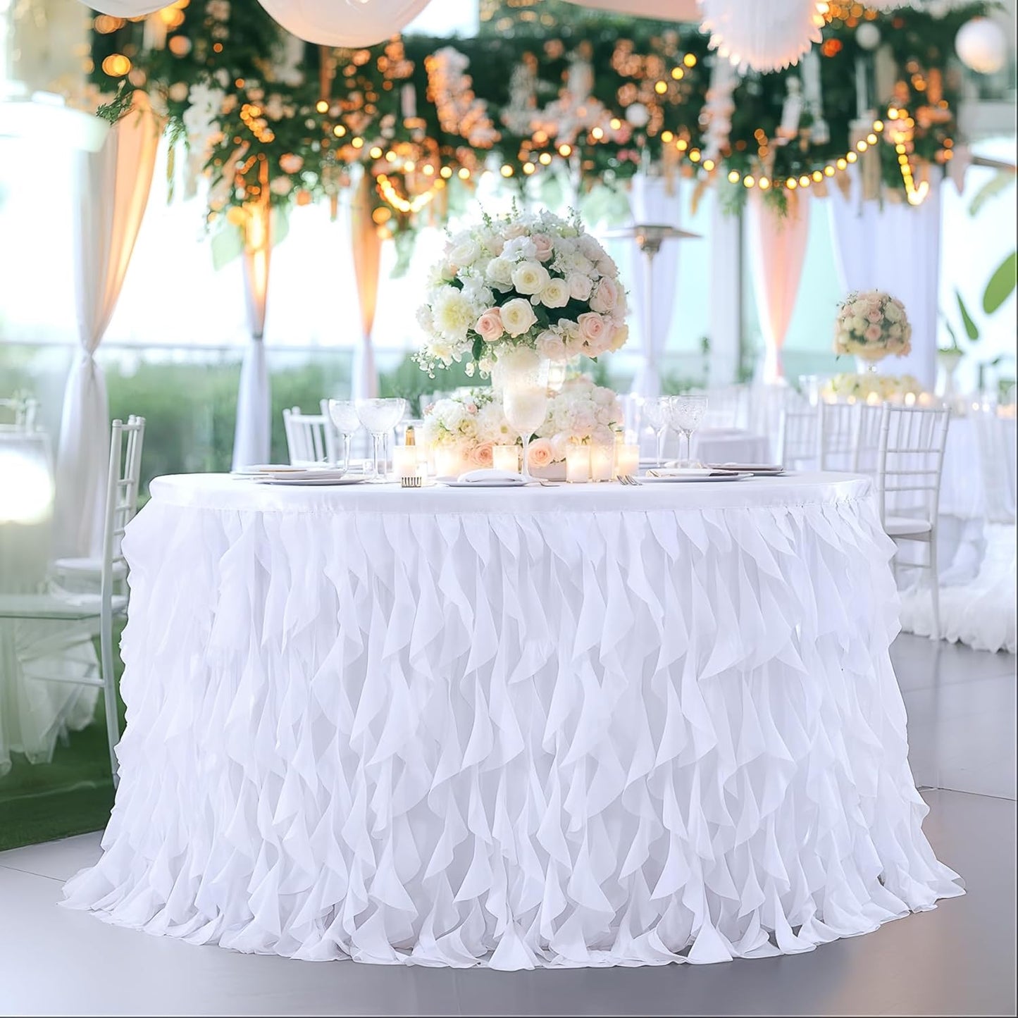 Partisky White Tulle Curly Willow Table Skirt for Rectangle Table 9ft, Ruffle Tutu Table Cloth for Wedding,Bridal Shower, Baby Shower,Birthday Party