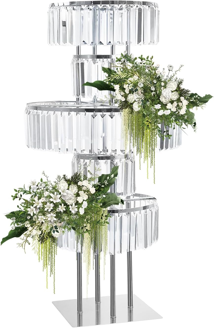Silver Crystal Vases for Centerpieces, 47.2in Metal Pedestal Stands for Table Chandelier Centerpiece Wedding, 5 Tier Round Flower Stand for Wedding Reception Birthday Party Events Home Decor