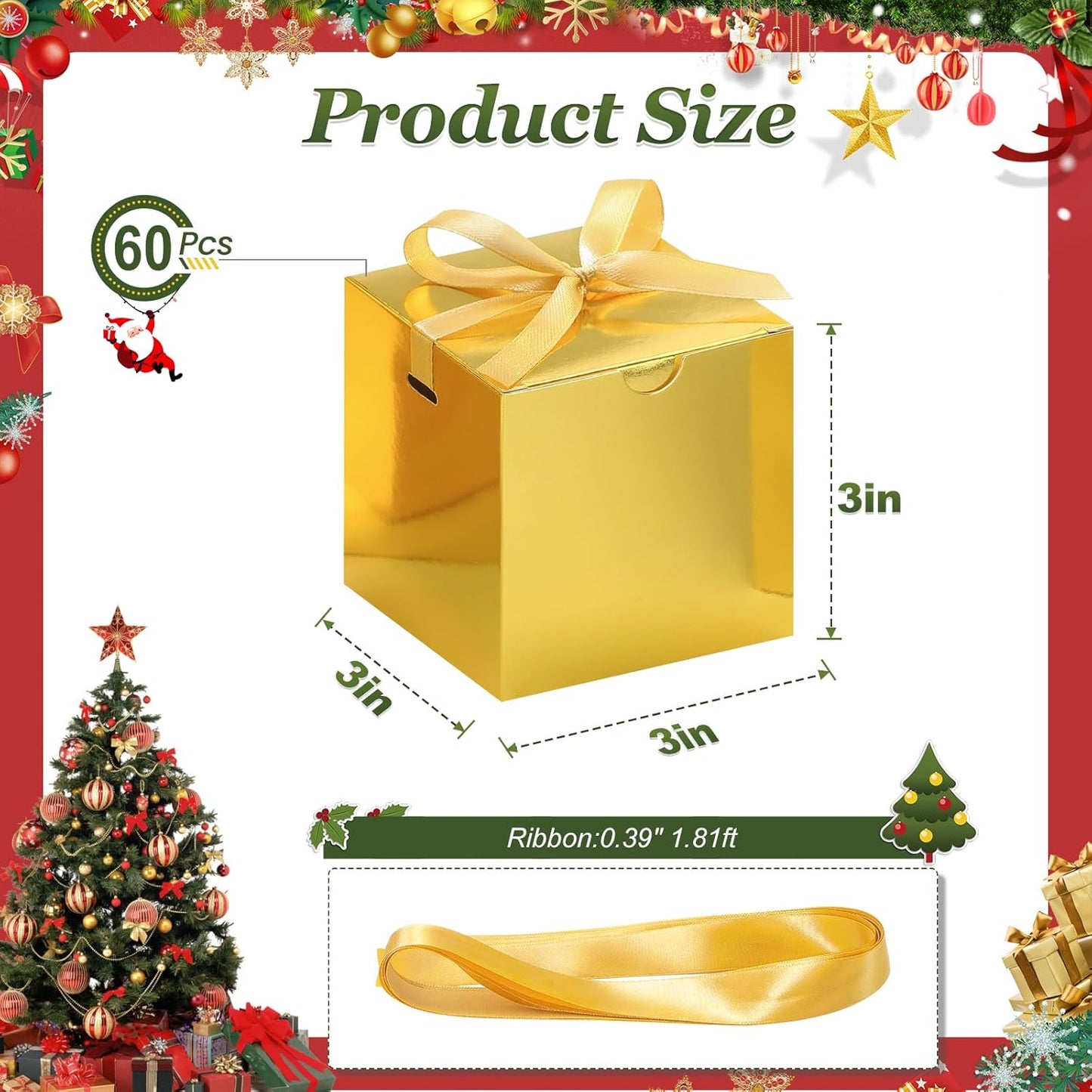 DOYIDE 60 Pcs Small Gift Boxes, 3x3x3 inches Kraft Paper Gift Box with Ribbons, Gold Candy Boxes for Christmas Wedding Favors Baby Shower Bridal Shower Birthday Party