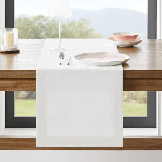 ZeeMart Linen Textured Border Table Runner, 14 x 108 Inch White, Farmhouse Style White Table Runners 108 Inches Long, Easy Care Everyday Polyester Table Runner