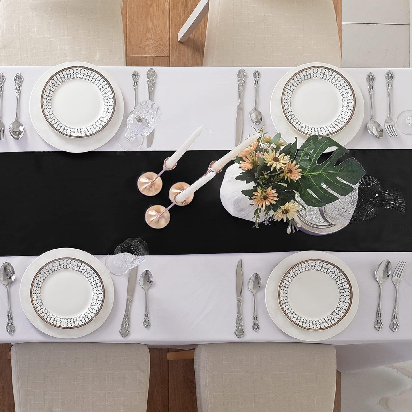 12Pack Table Runner 12 x 108 Inches Satin Silk Table Runner for Wedding, Birthday Party, Banquets, Graduations Decoration, fit Rectange and Round Table-Black
