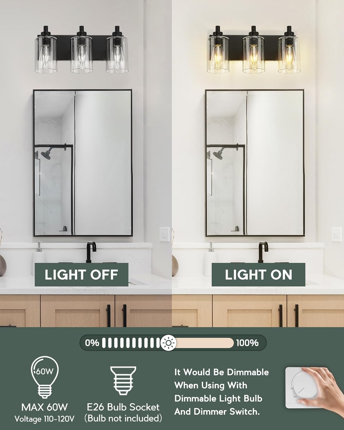 3-Light Bathroom Light Fixtures, Black Vanity Light with Cylinder Clear Glass Shade, Modern Vanity Lighting Fixtures Over Mirror, VL143-MB-3