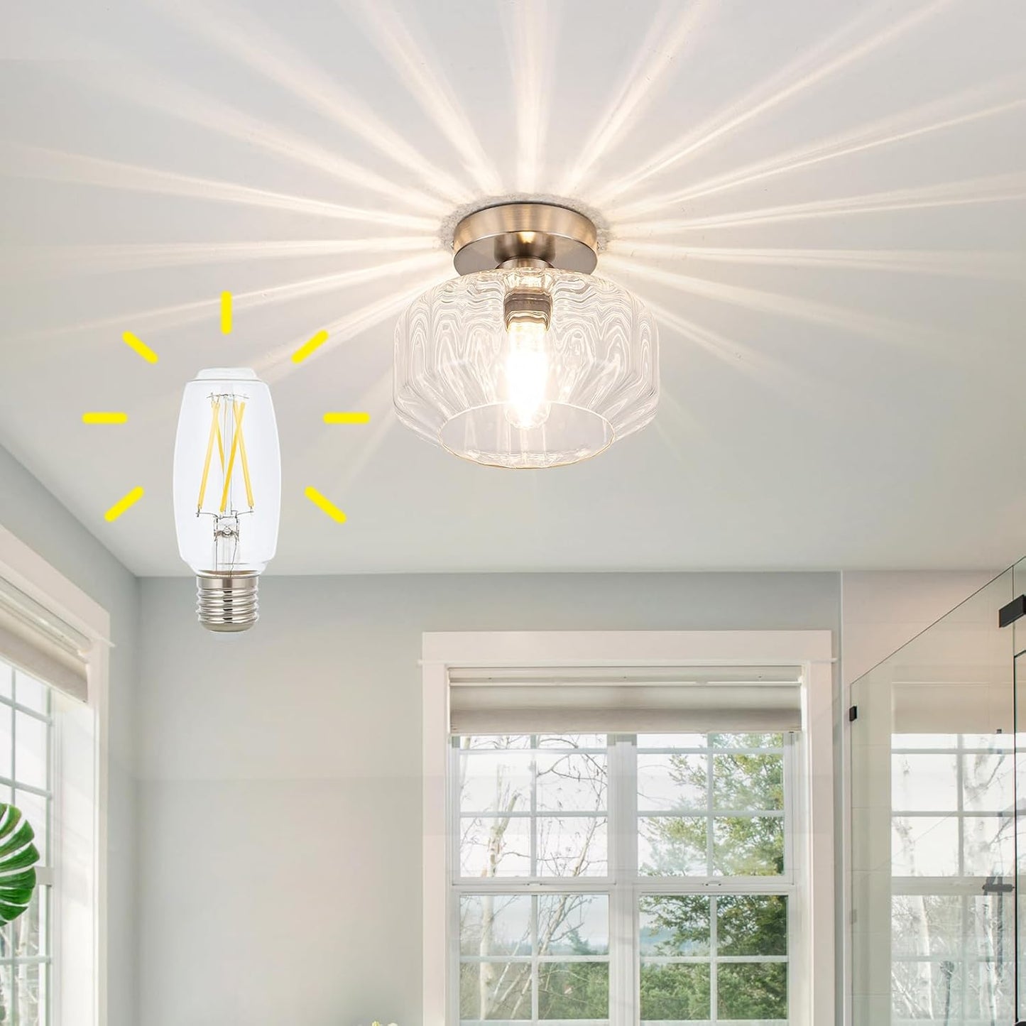 Brushed Nickel Semi Flush Mount Ceiling Light Fixture with Textured Glass & Included 1200 Lumens LED Bulbs, Modern Hallway & Bathroom Light for Entryway, Kitchen, Laundry Room