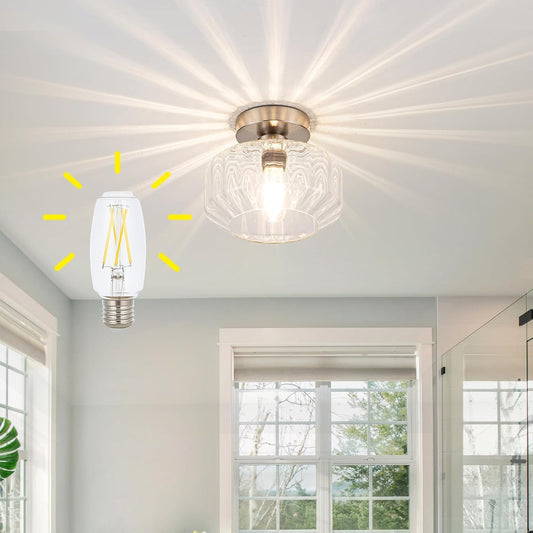 Brushed Nickel Semi Flush Mount Ceiling Light Fixture with Textured Glass & Included 1200 Lumens LED Bulbs, Modern Hallway & Bathroom Light for Entryway, Kitchen, Laundry Room