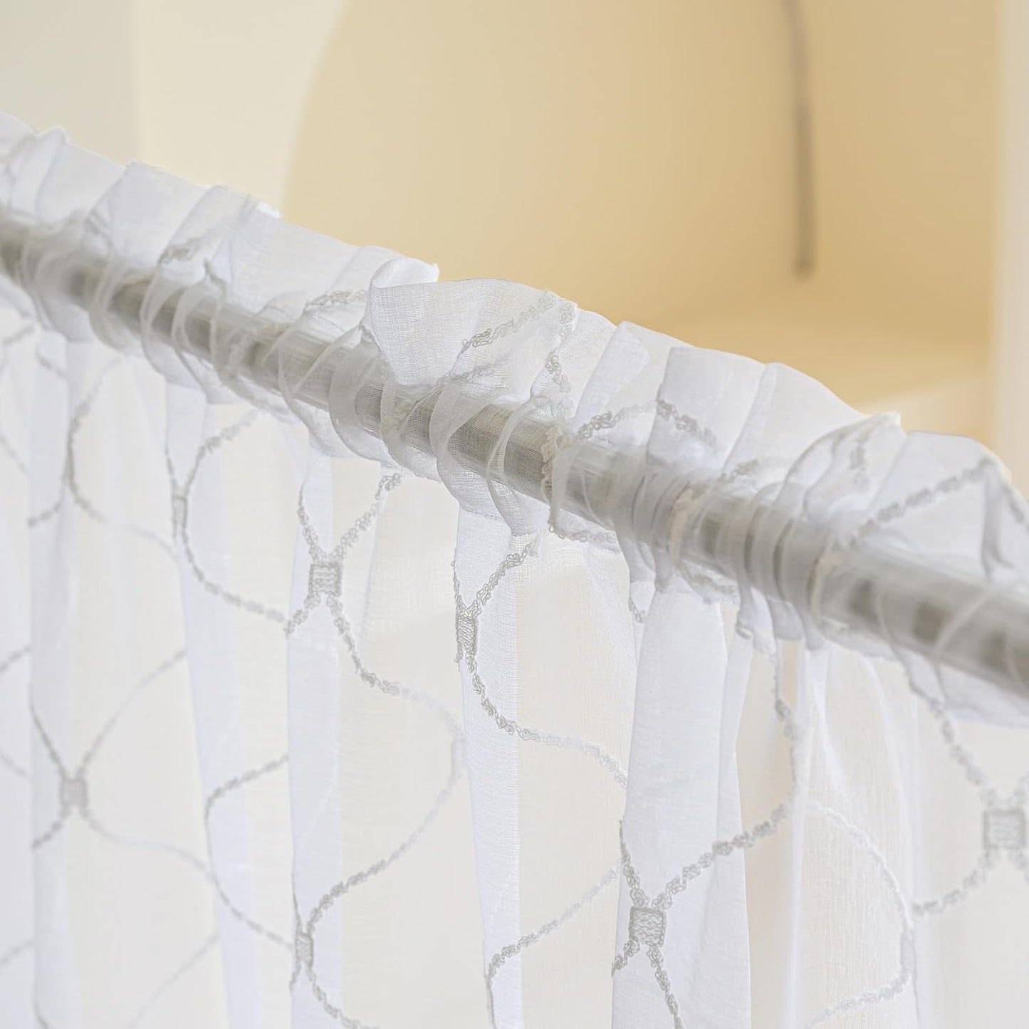 MYSTIC-HOME Embroidery White Sheer Curtains 84 Inches Long, Rod Pocket Sheer Drapes for Living Room, Bedroom, 2 Panels, 52"x84", Semi Crinkle Voile Window Treatments for Yard, Patio, Villa, Parlor.