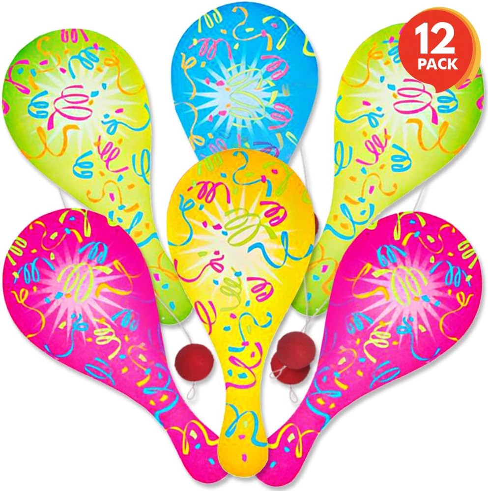 ArtCreativity Neon Paddle Balls, Pack of 12, 9.25 Inch Plastic Paddleball with String, Assorted Bright Colors, Great Party Favors, Goodie Bag Fillers, Fun Activity Toys for Kids