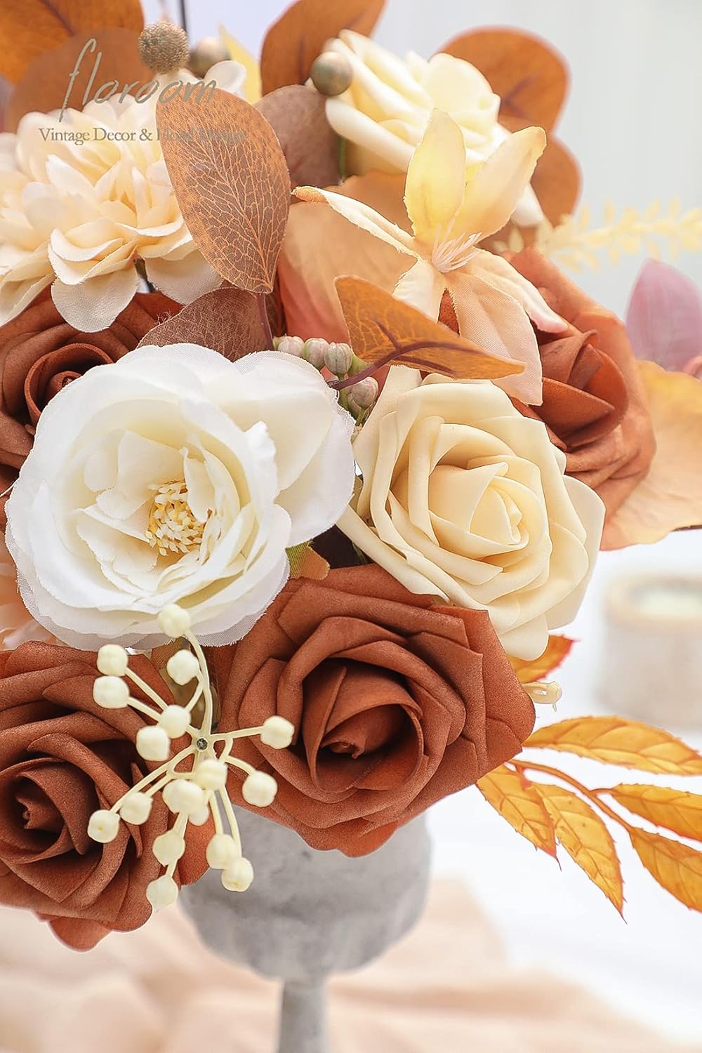 Floroom Artificial Flowers 25pcs Real Looking Burnt Orange Foam Fake Roses with Stems for DIY Terracotta Wedding Bouquets Bridal Shower Centerpieces Floral Arrangements Party Tables Home Decorations