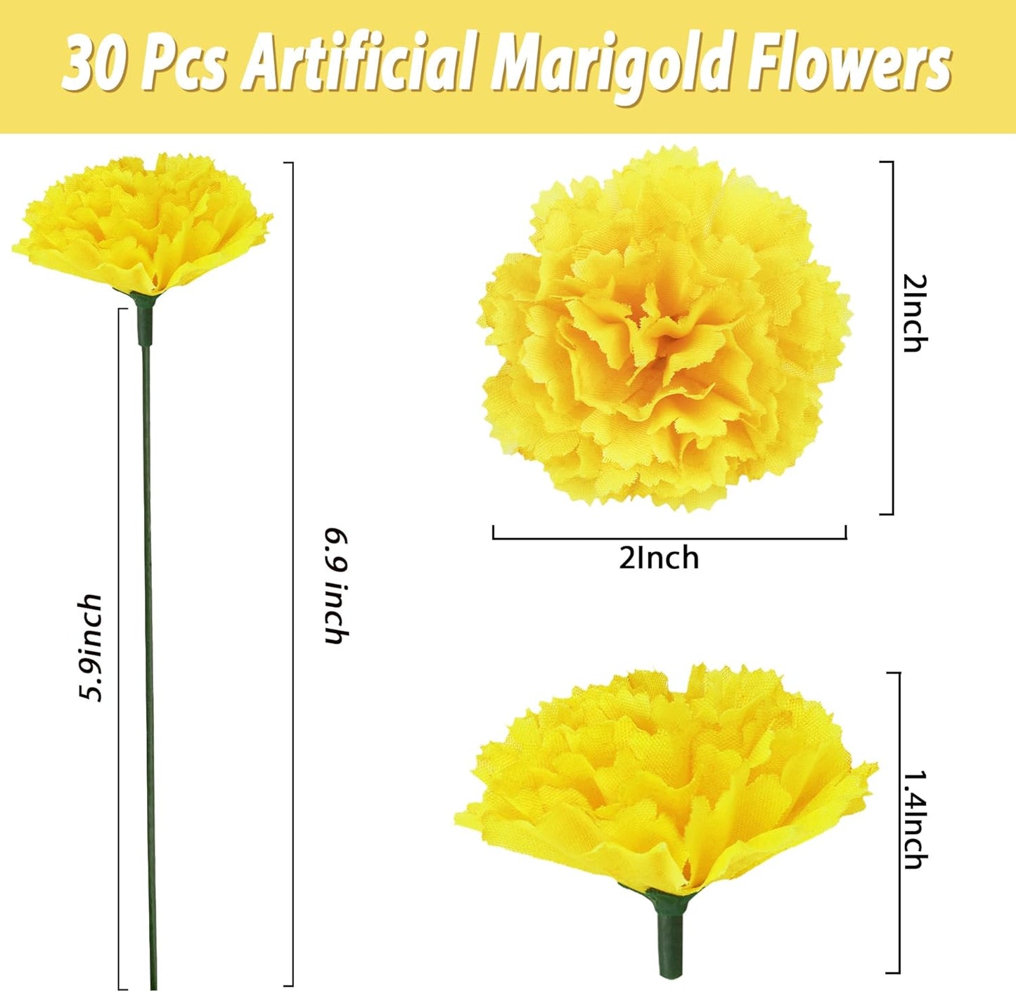 30 Pcs Artificial Marigold Flowers,2" Silk Marigold Flower Heads with Stems,Yellow Flowers Artificial for Diwali Decor,Indian Wedding,Home,DIY Wreath Garland,Day of The Dead Decorations