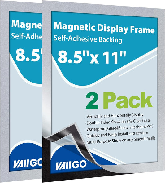 2Packs Magnetic Sign Holder 8.5 x 11 Self Adhesive Display Frames with Strong Magnetic Frame and Clear PVC for Office Store Home Door Window Refrige Magnetic Paper Holder, Silver