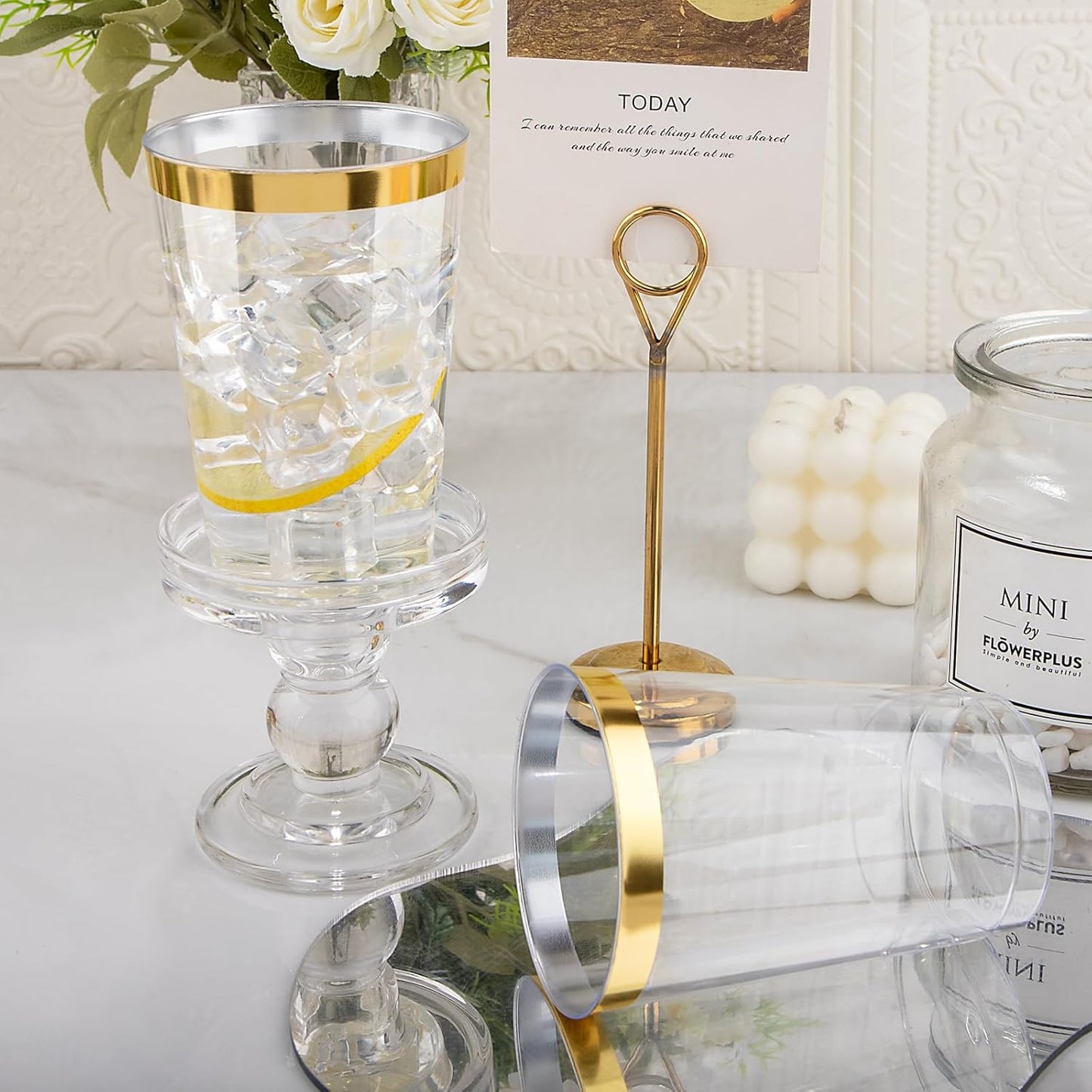 I00000 200 Pack 12 oz Gold Plastic Cups, Clear Disposable Cups, Disposable Plastic Wine Glasses Cocktail Glasses Premium Cups with Gold Rim, 12 Ounce Tumblers for Party & Wedding