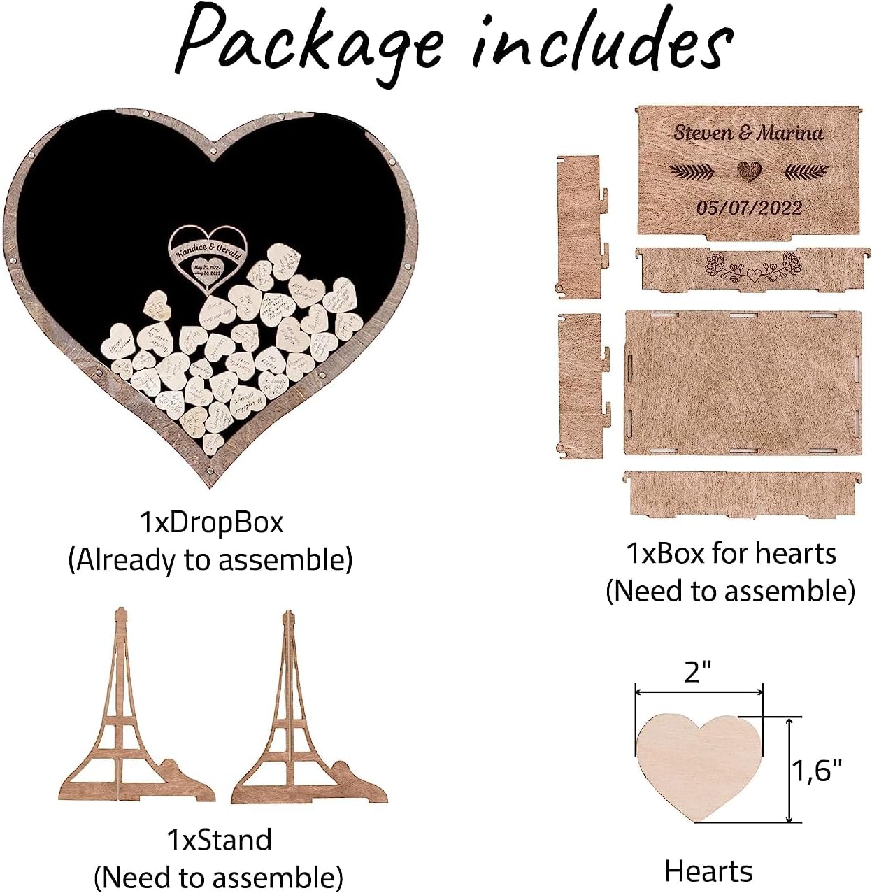 Rustic Personalized Wedding Guest Book: Heart Drop Design, Heart, Circle & Rectangle Frames. Premium Wooden Drop Box, Unique Bridal Decor & Gift