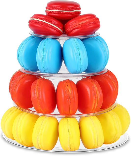 Juexica 1 Pcs Round Macaron Display Tower Stand 4 Tiers Plastic Cake Rack Macaron Wedding Cupcake Display Food Serving Stands Clear Dessert Tower for Wedding Baby Shower Birthday Decoration