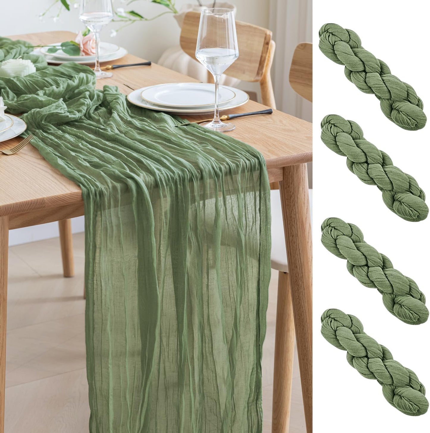 Asee'm 4pcs Cheesecloth Table Runner 120 Inches Sage Green Boho Gauze Cheese Cloth Runner 10FT Rustic Sheer Table Runners for Summer Wedding Baby Shower Holiday Party Decoration