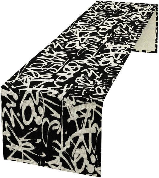 Graffiti Table Runner,Black White Abstract Messy Art Theme Pattern Print Tablecloth Burlap for Hotel Indoors Outdoor Dining Room Kitchen Home Decor,W13X L80 in