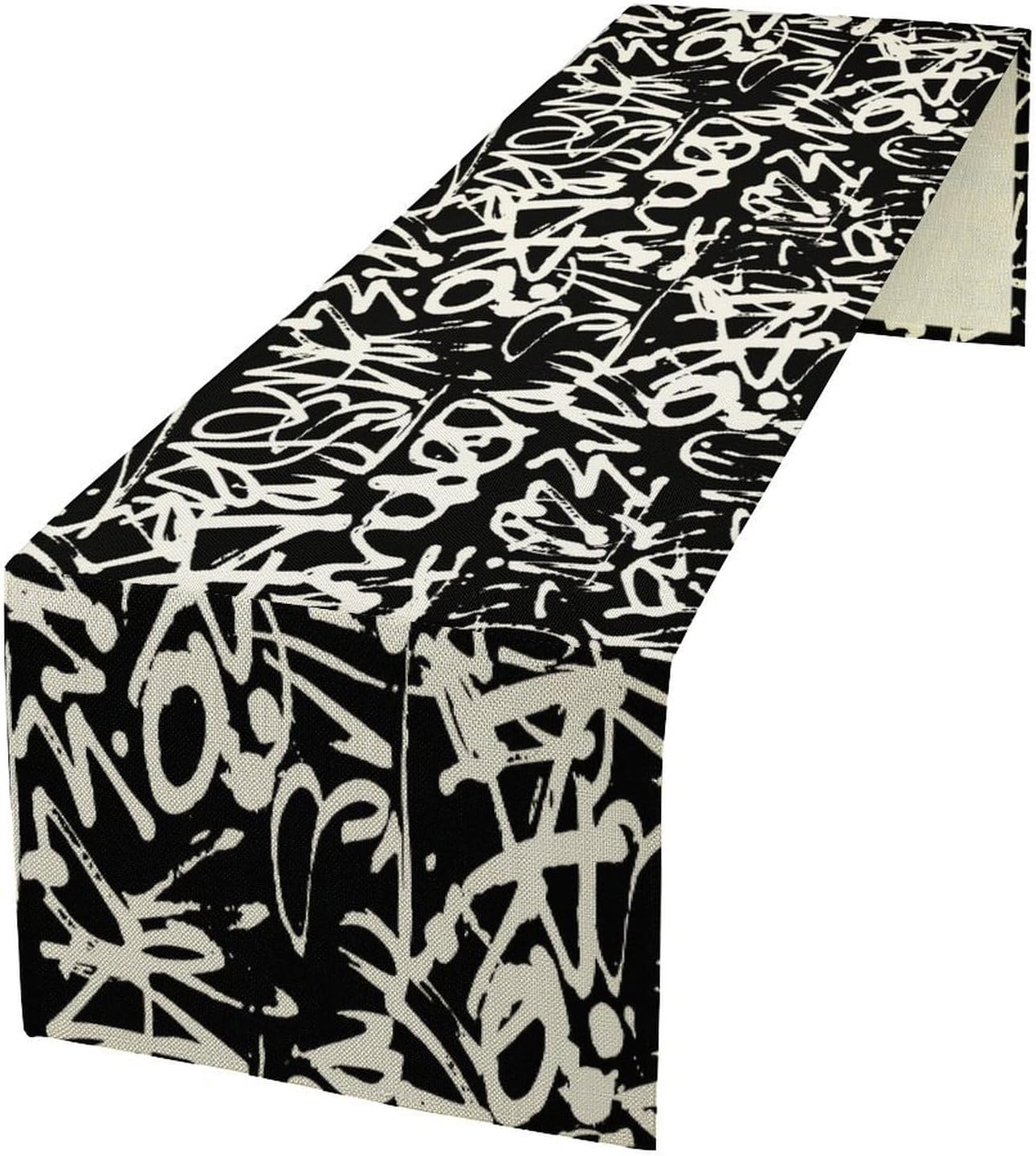 Graffiti Table Runner,Black White Abstract Messy Art Theme Pattern Print Tablecloth Burlap for Hotel Indoors Outdoor Dining Room Kitchen Home Decor,W13X L90 in