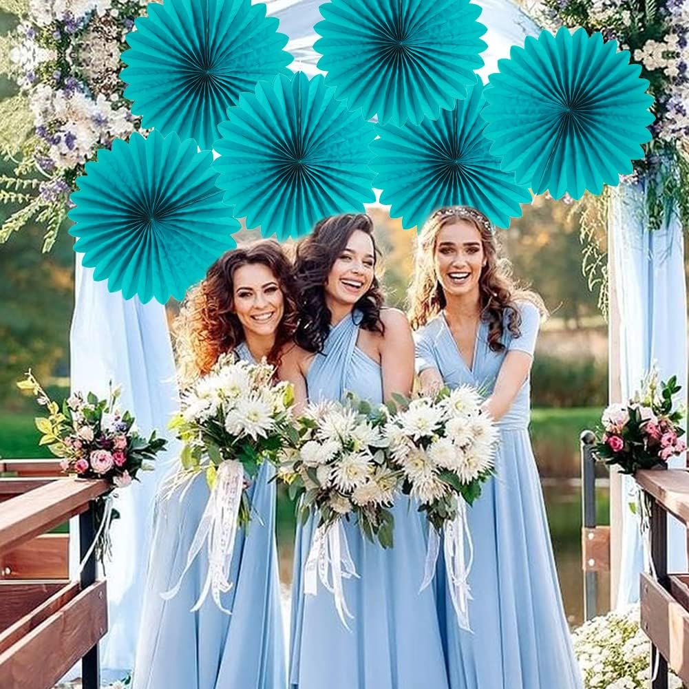 Easy Joy Teal Party Decorations Paper Fans Birthday Wedding Home Party Hanging Decoration, Set of 6 (14 Inches, Teal)