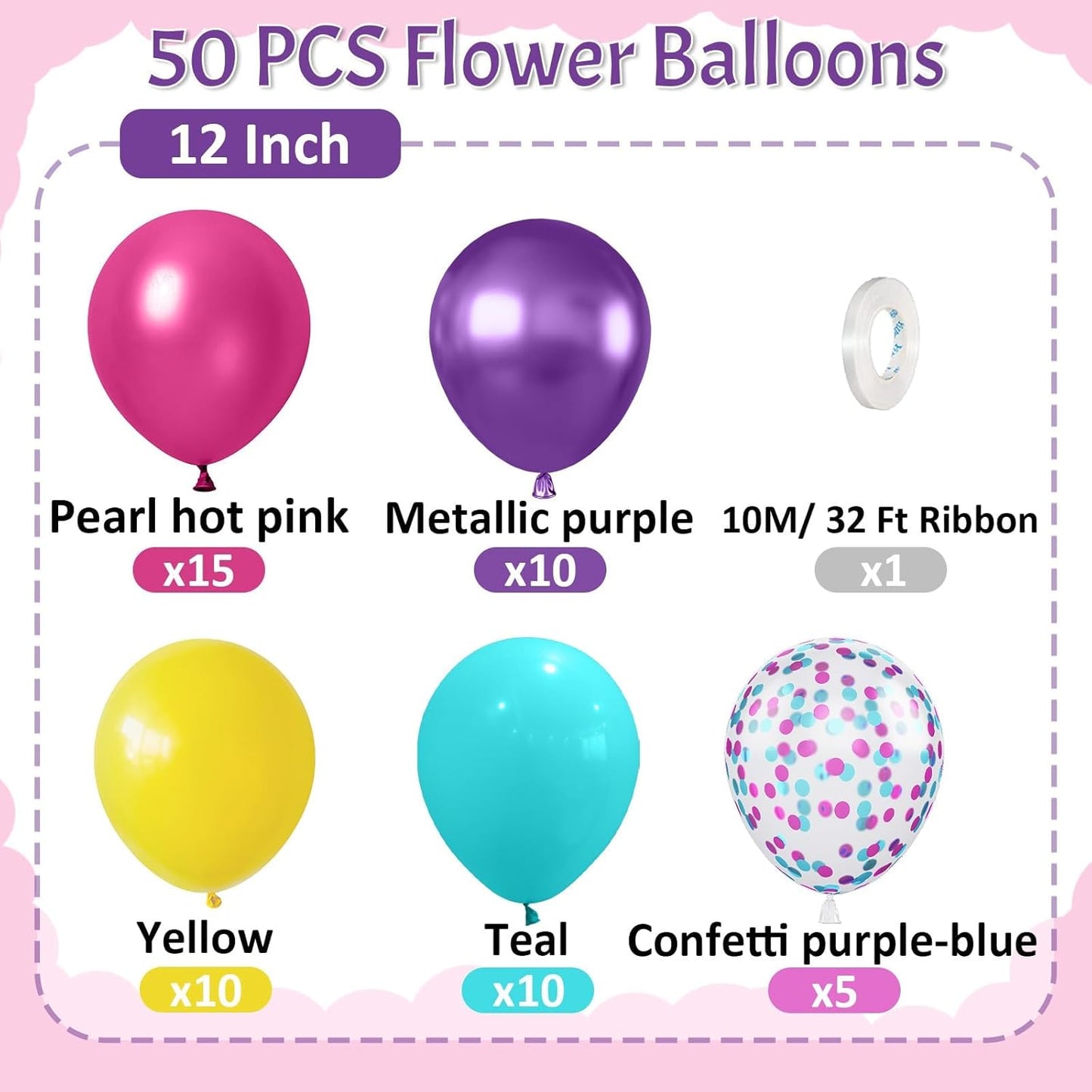 Paready Pink Blue Purple Balloons, 50 PCS Rainbow Party Balloons, 12 Inch Hot Pink Teal Blue Metallic Purple Yellow Confetti Balloon for Girls Magic Theme Baby Shower Birthday Wedding Party Decoration