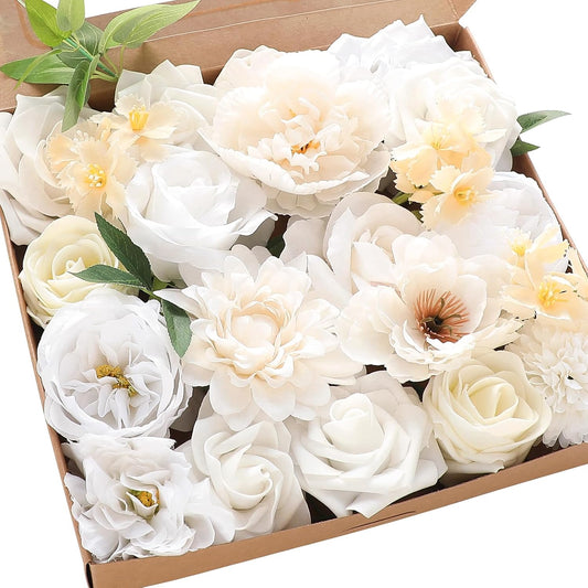 Floroom Cream White Artificial Flowers Ivory Fake Roses Peonies Dahlias and Greenery Combo Box Set for DIY Wedding Bouquets Bridal Shower Centerpieces Floral Arrangements Party Tables Home Decorations