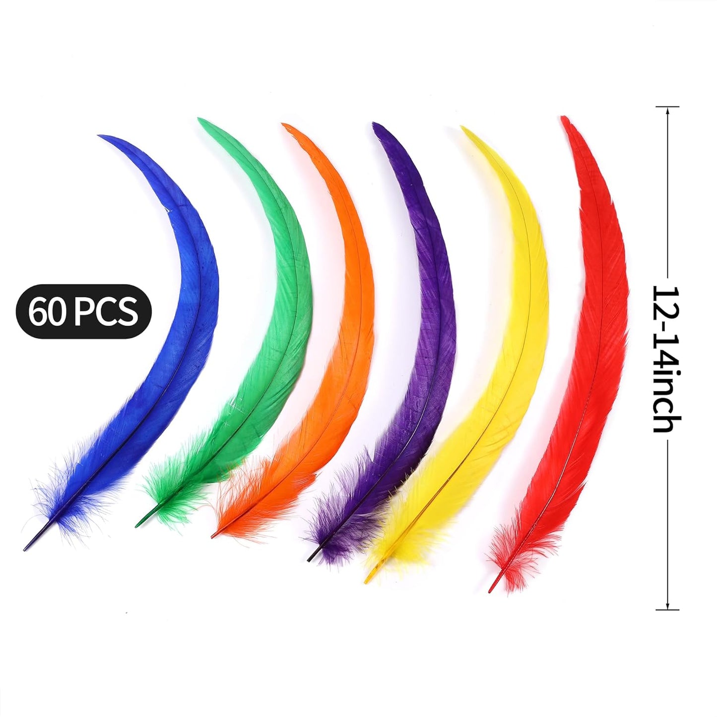 Holmgren Colorful Rooster Tail Feathers - 60pcs 12-14inch Natural Long Rooster Tail Feathers Bulk for DIY Crafts Hats Costume, Holiday Themed Party Decoration (Colorful)