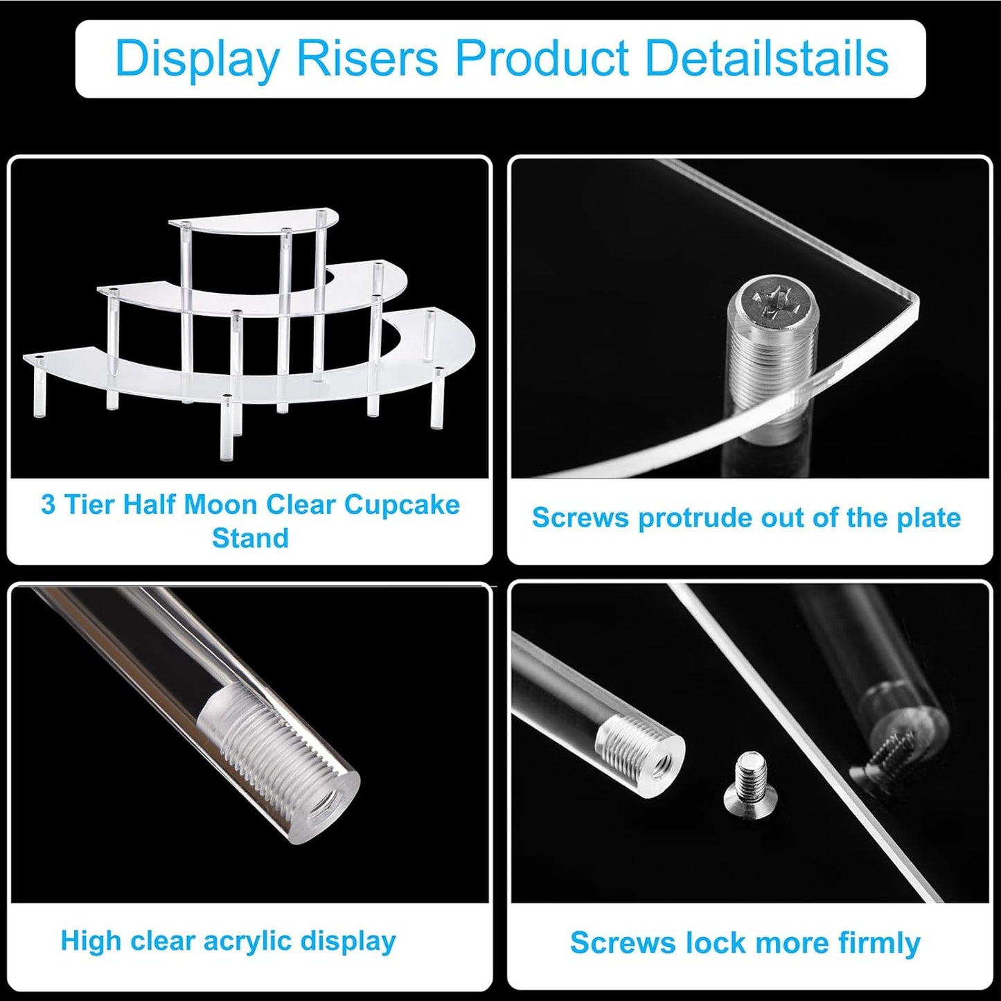 2PACKS Acrylic Display Risers, 3 Tier Clear Cupcake Stand Risers, Perfume Stand Organizer, Half Moon Dessert Stand, HENABLE Shelf Risers for Display Stands for Food, Amiibo Funko POP Figure (2half moon)