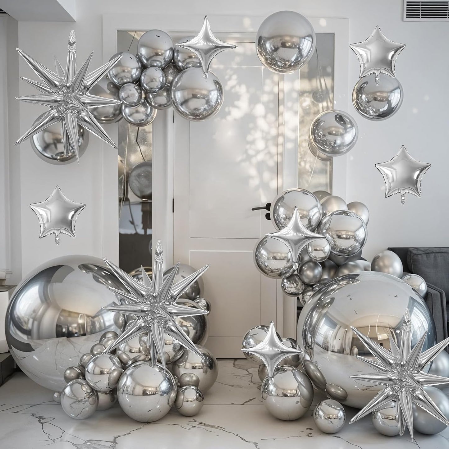 Silver Star Balloon,16Pcs Star Foil Balloons Set with 22Inch Explosion Spike Cone Balloons and 10Inch Quadrangle Helium Balloon for Birthday Wedding Baby Shower Party Decorations