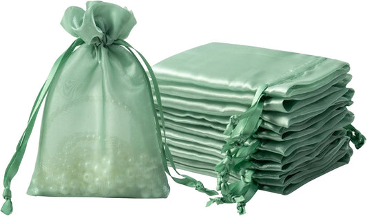 QIANF 20 Pcs Sage Green Small Organza Bags 4X6 inch for Wedding Favors with Drawstring, Mini Mesh Gift Bags Jewelry Pouch for Candy Bridal Shower Party Favor Baby Shower Christmas