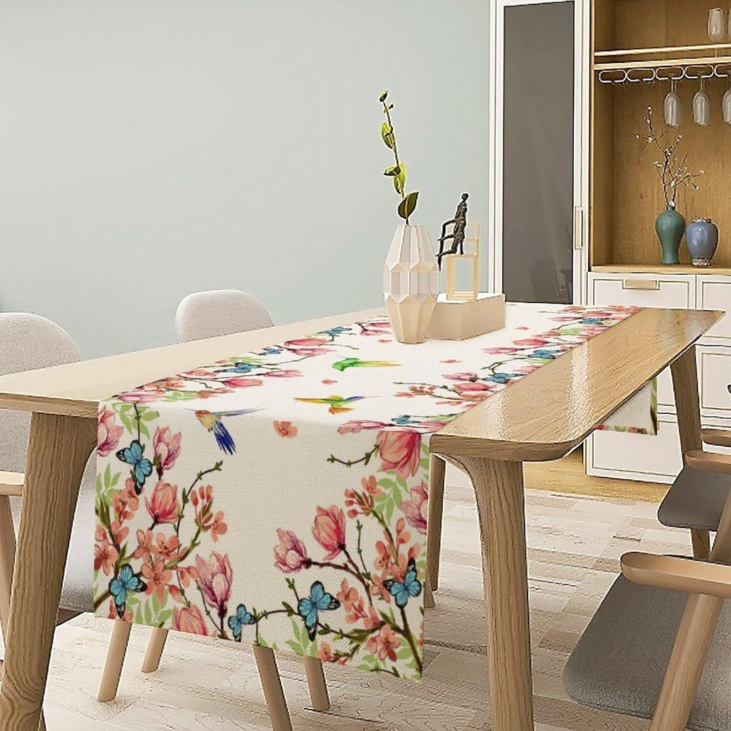 Vintage Watercolor Flower Hummingbird Table Runner Seasonal Spring Garden Plants Birds Florals Farmhouse Country Kitchen Dinner Runner Dining Table Decoration 13"x70"