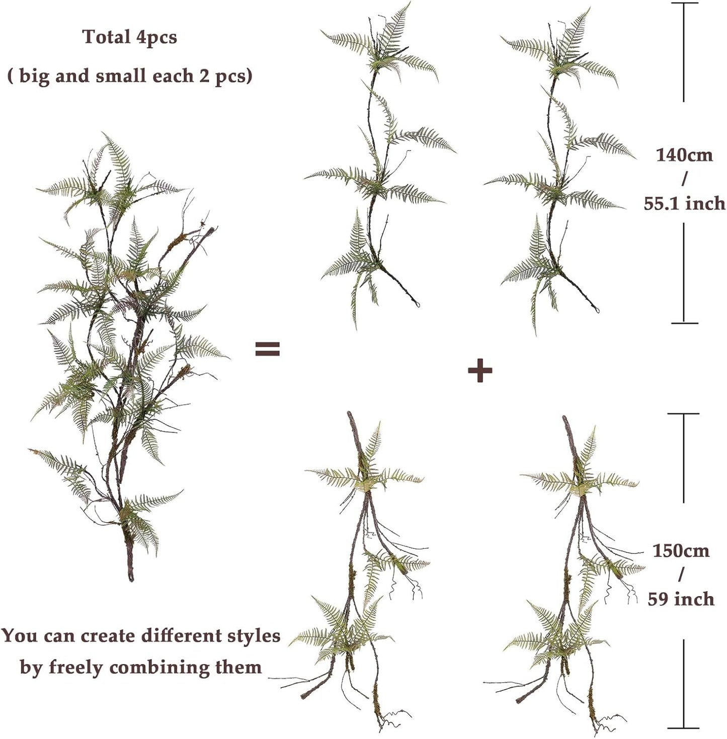 78.7 in Height Set of Artificial Tree Branches with 4pcs Persian Fern Leaves Fake Tree Vines Trunk Twigs Silk Moss Green Plants for Wall Hanging Home Wedding Backdrop Room Shop Decoration