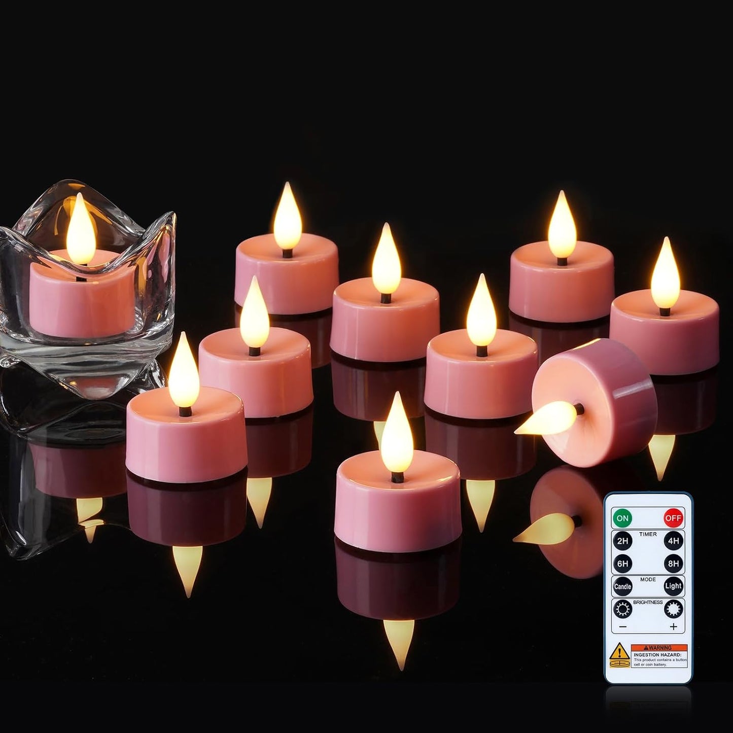 Amagic Flameless Pink Timer Remote Tealights Candles, 3D Black Wick Flickering Tea Light, 400+Hour Colored Votive Candles Battery Operated, Set of 12 for Romantic Wedding Decor, Baby Showers, Proposal