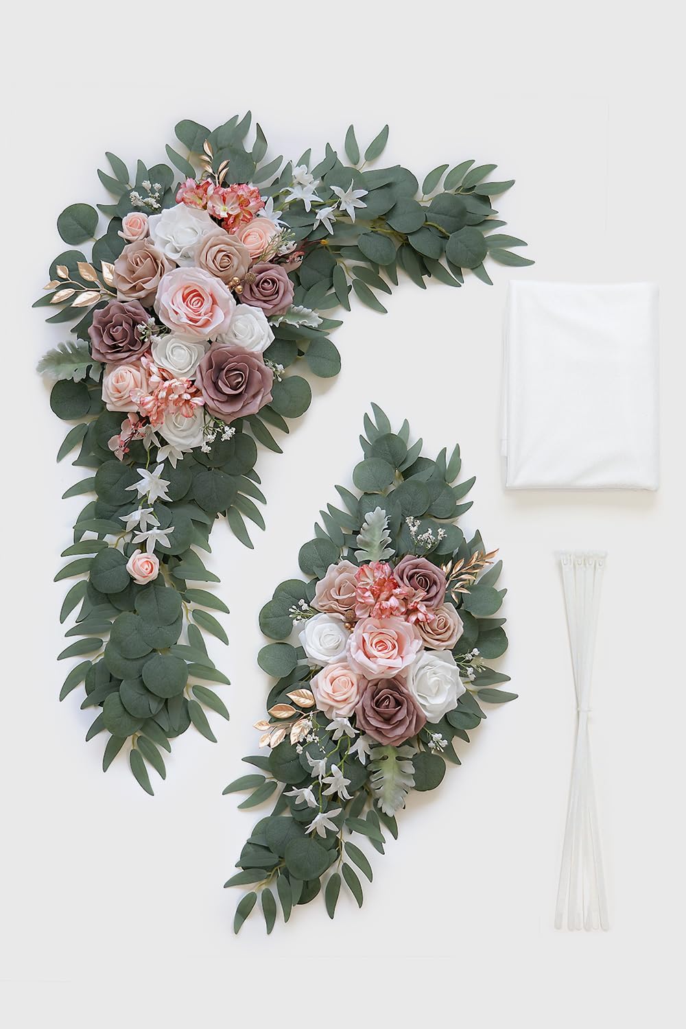 Dusty Rose Artificial Wedding Arch Flowers Kit (Pack of 3) with 26Ft White Shiny Arch Draping Fabric for DIY Wedding Party Ceremony Reception Backdrop Floral Decoration