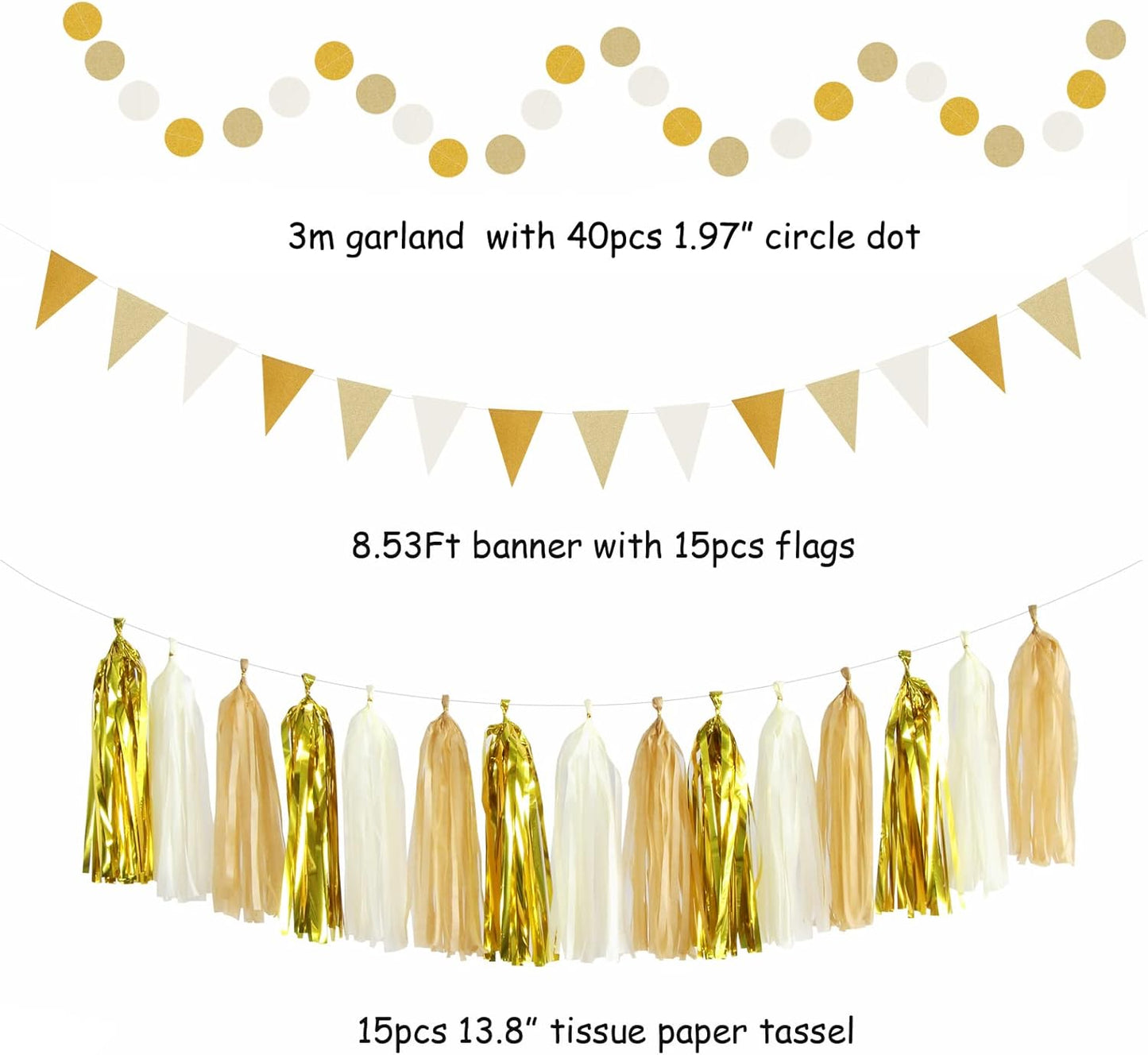 White Gold Bridal-Shower Engagement Party-Decorations - 33pcs Banner,Streamers Tassel Garland,Tissue Pom Poms Honeycomb,Paper Lantern Fans,Christmas Wedding Bachelorette Baby Birthday Decor Hugtmr