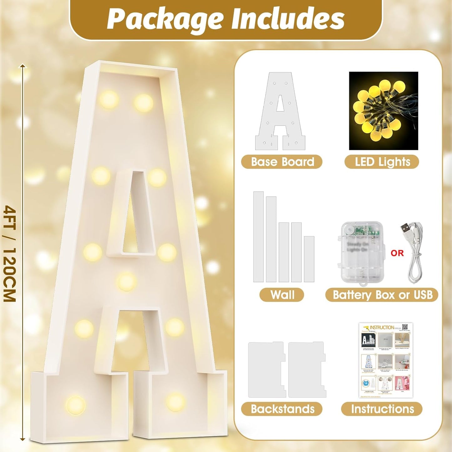 Ledido 4FT Marquee Light Up Letters Large Light Up Letters for Party Decoration, Marquee Letter for Birthday Graduation Baby Shower Wedding, Pre-cut Foam Board Assembly Required Letter Y