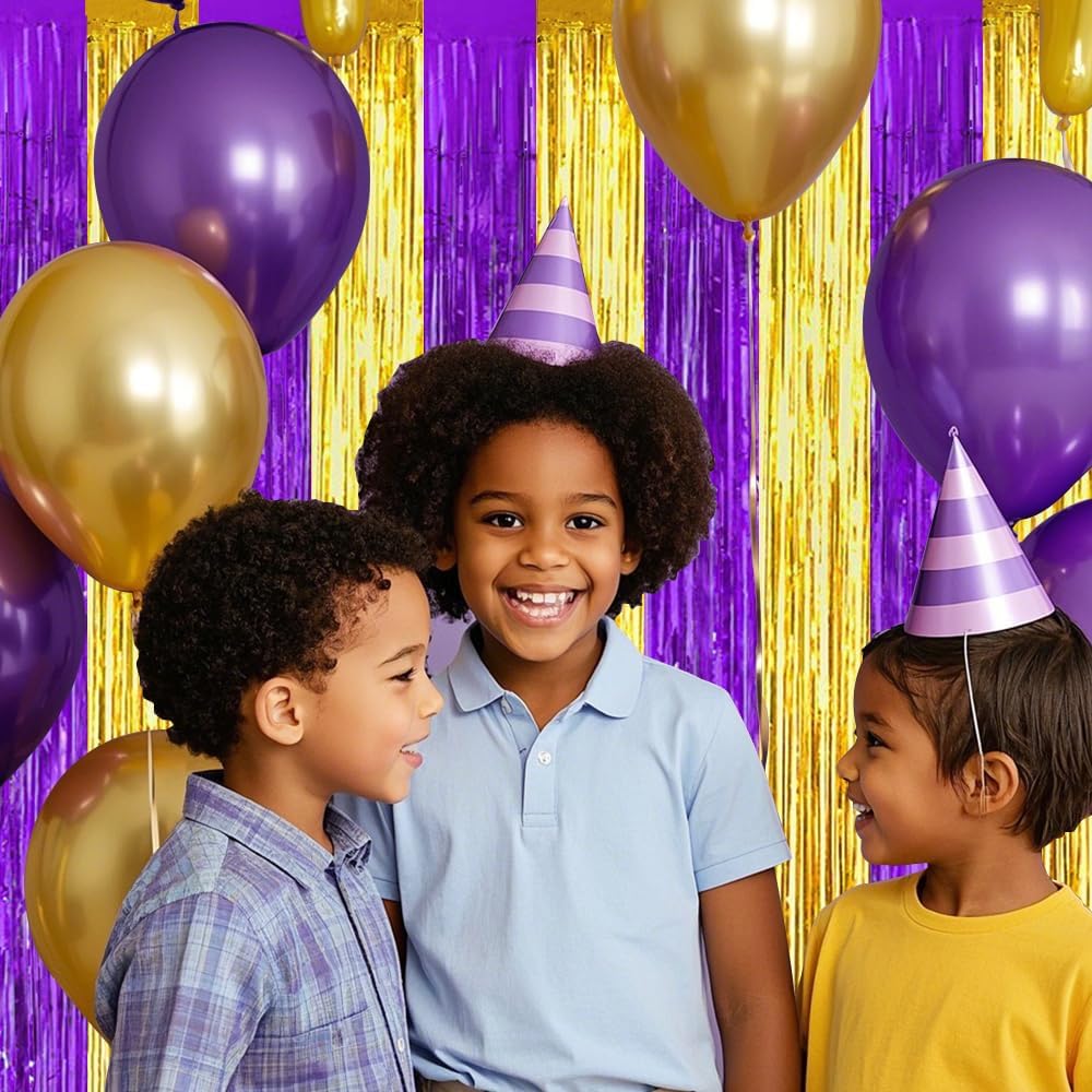BEISHIDA 2Pcs Purple Gold Door Streamers Congrats Grade 2025 Decoration Backdrop Foil Fringe Tinsel Party Streamers Curtains for Birthday Graduation Mardi Gras Lakers Decoations (3.28 ft x 6.56 ft)