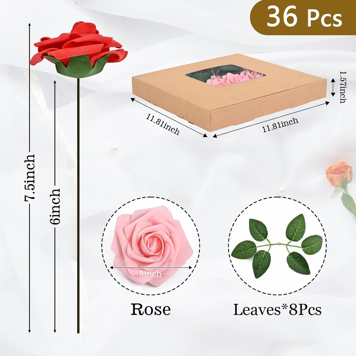 BLEUM CADE 36Pcs Artificial Flowers Fake Roses with Stems, Gradient Red & Pink Boxed Foam Roses for DIY Bouquets Centerpieces Wedding Party Arrangement Bridal Shower Decor