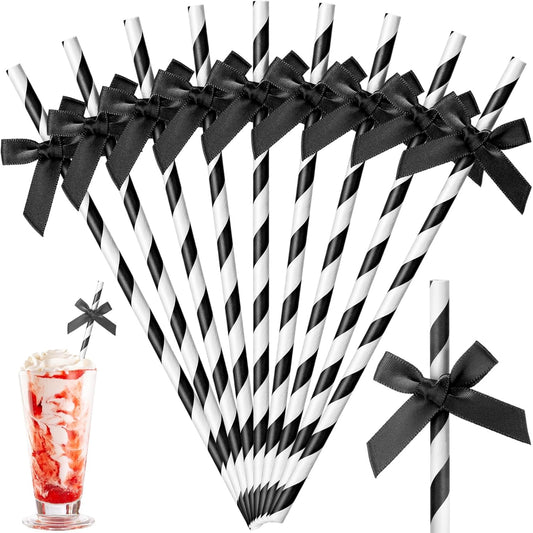 50 Pcs Black Bow Paper Straws for Drinking, Black and White Striped Straw Bulk Disposable Bachelorette Party Supplies for Wedding Birthday Baby Shower Party Decorations