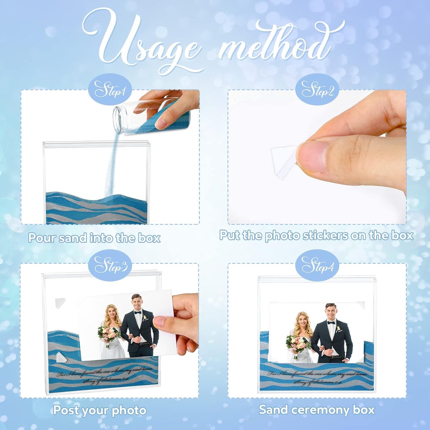 Sand Ceremony Kit for Wedding Includes Clear Acrylic Unity Sand Ceremony Photo Frame 2 Pack Photo Fixing Corner Stickers and 2 Glass Unity Holder for Wedding Home Decor(Blue, Gray)