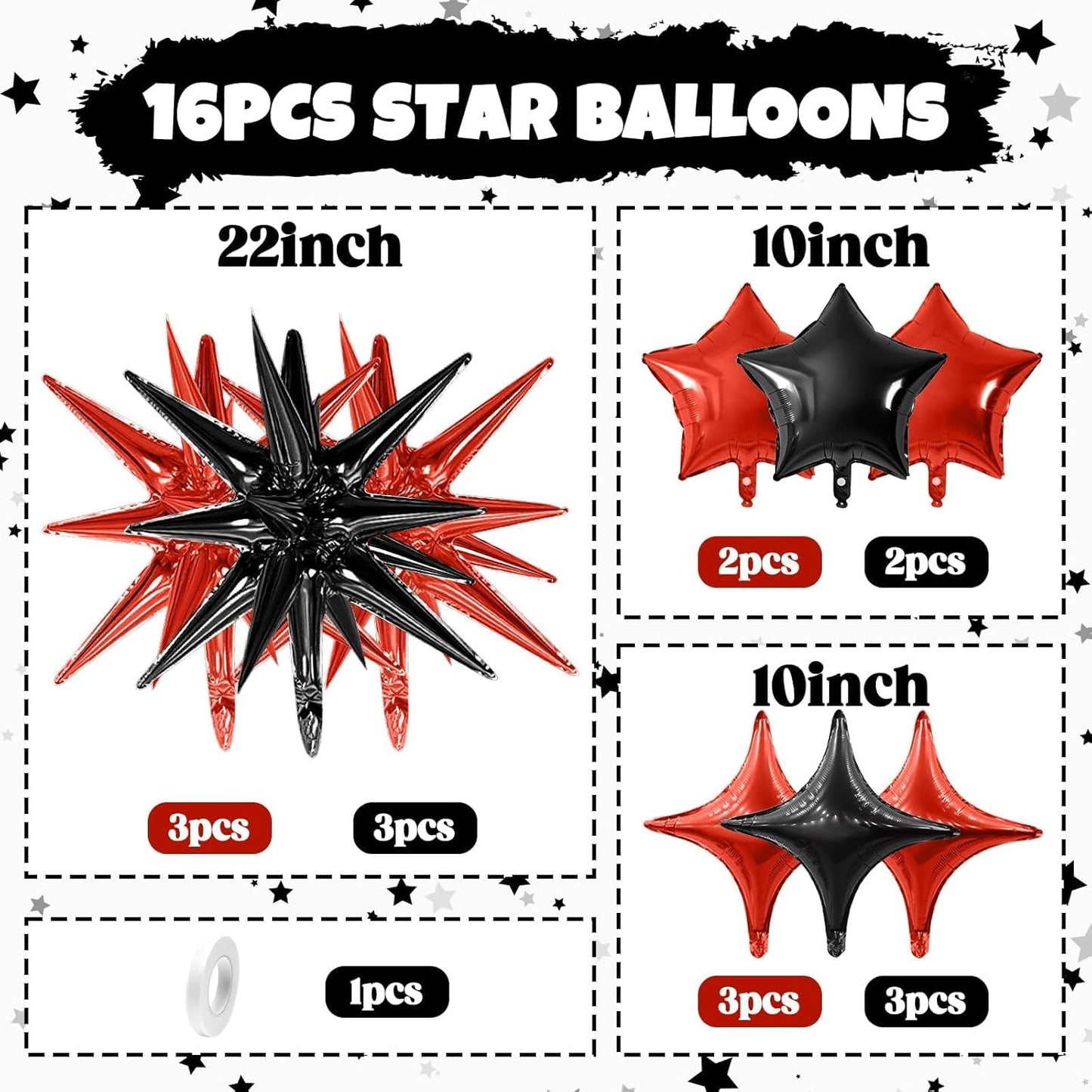 Red Black Star Balloon,16Pcs Star Foil Balloons Set with 22Inch Explosion Spike Cone Balloons and 10Inch Quadrangle Helium Balloon for Birthday Wedding Baby Shower and Halloween Party Decorations