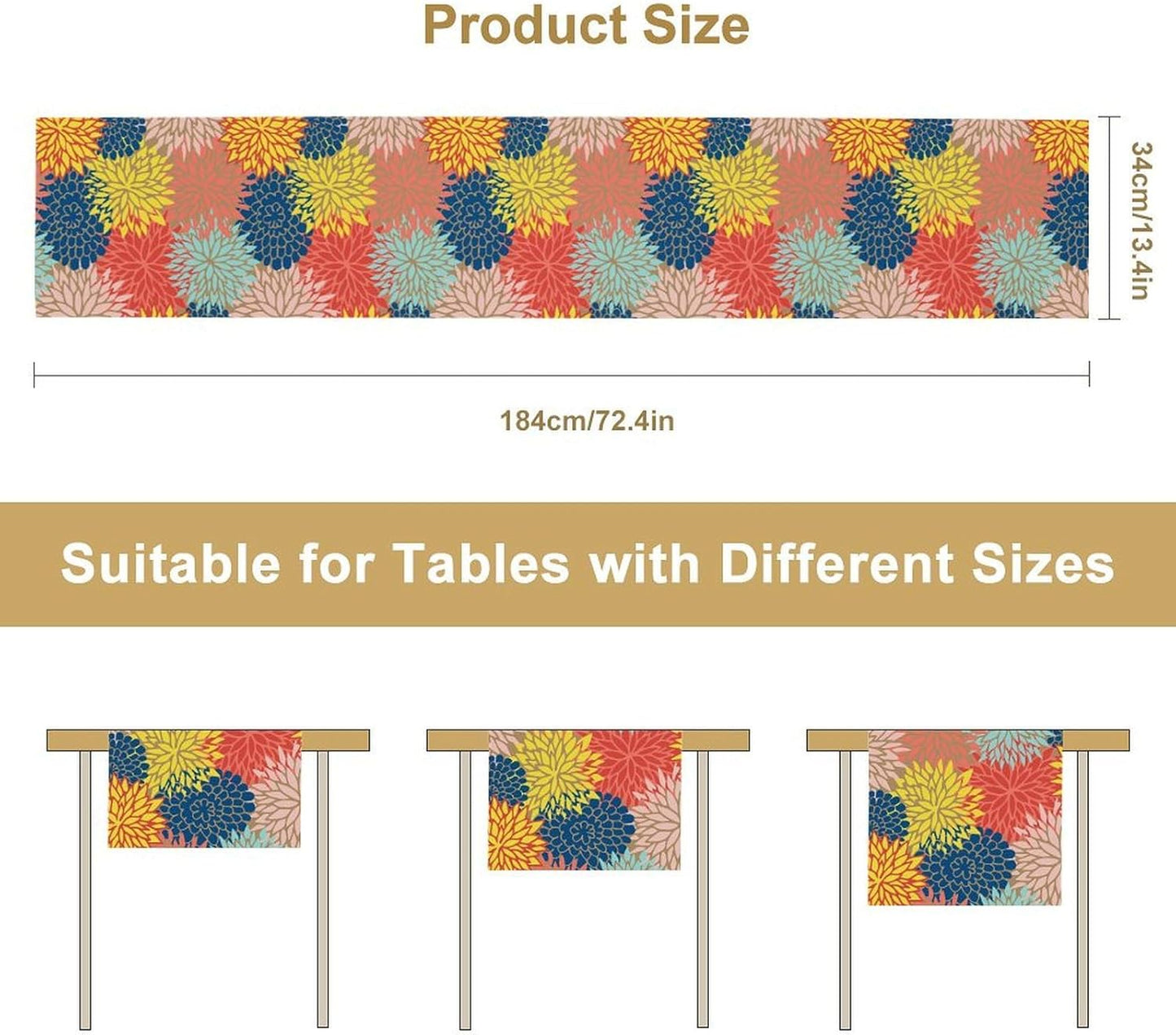 Dahlia Flowers Table Runner Colorful Floral Teal Grey Pink Yellow Blue Abstract Table Runner Kitchen Dining Party Decor Living Room, 13x70 Inch