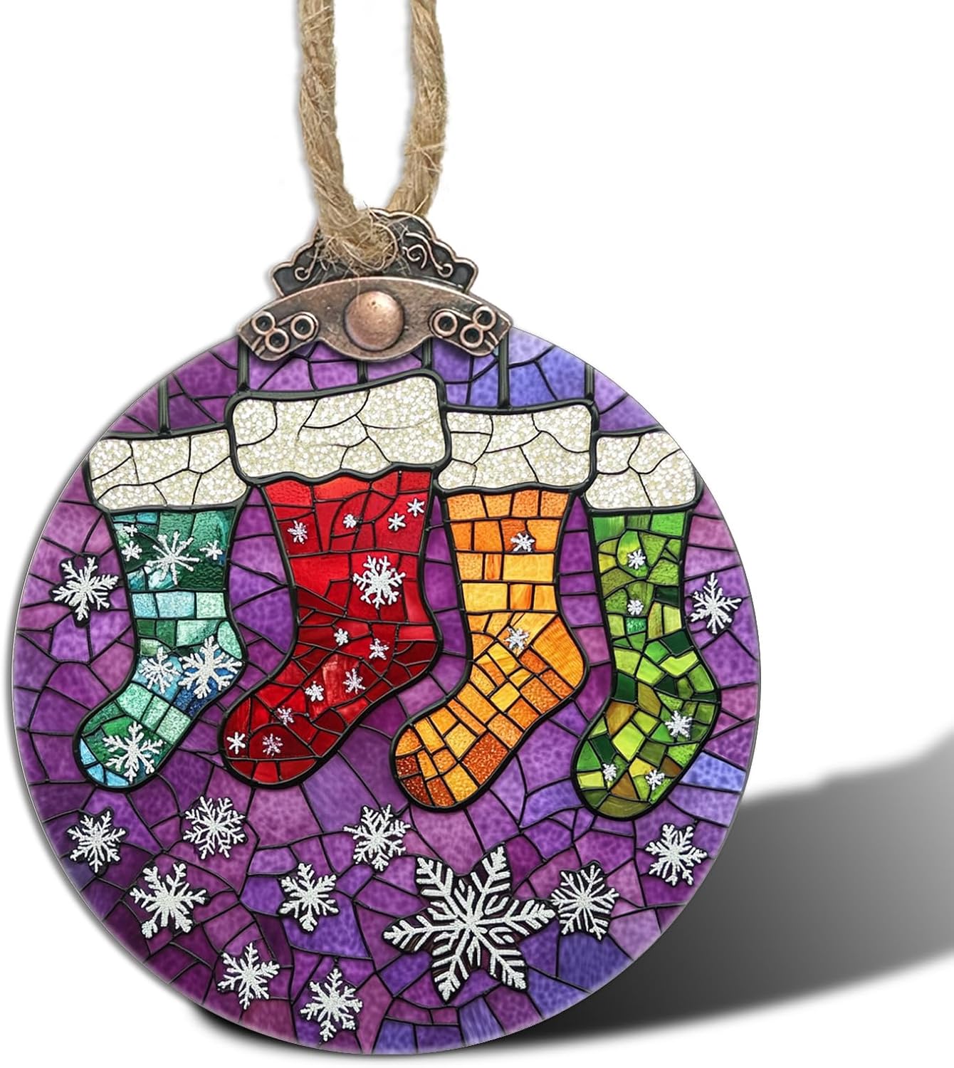 Stained Glass Christmas Decorations, Colorful Stockings Purple Suncatcher for Window Christmas Tree Hanging Ornaments Snowflake Sun Catcher Xmas Decor Gifts for Women Men Mom Nana Friend