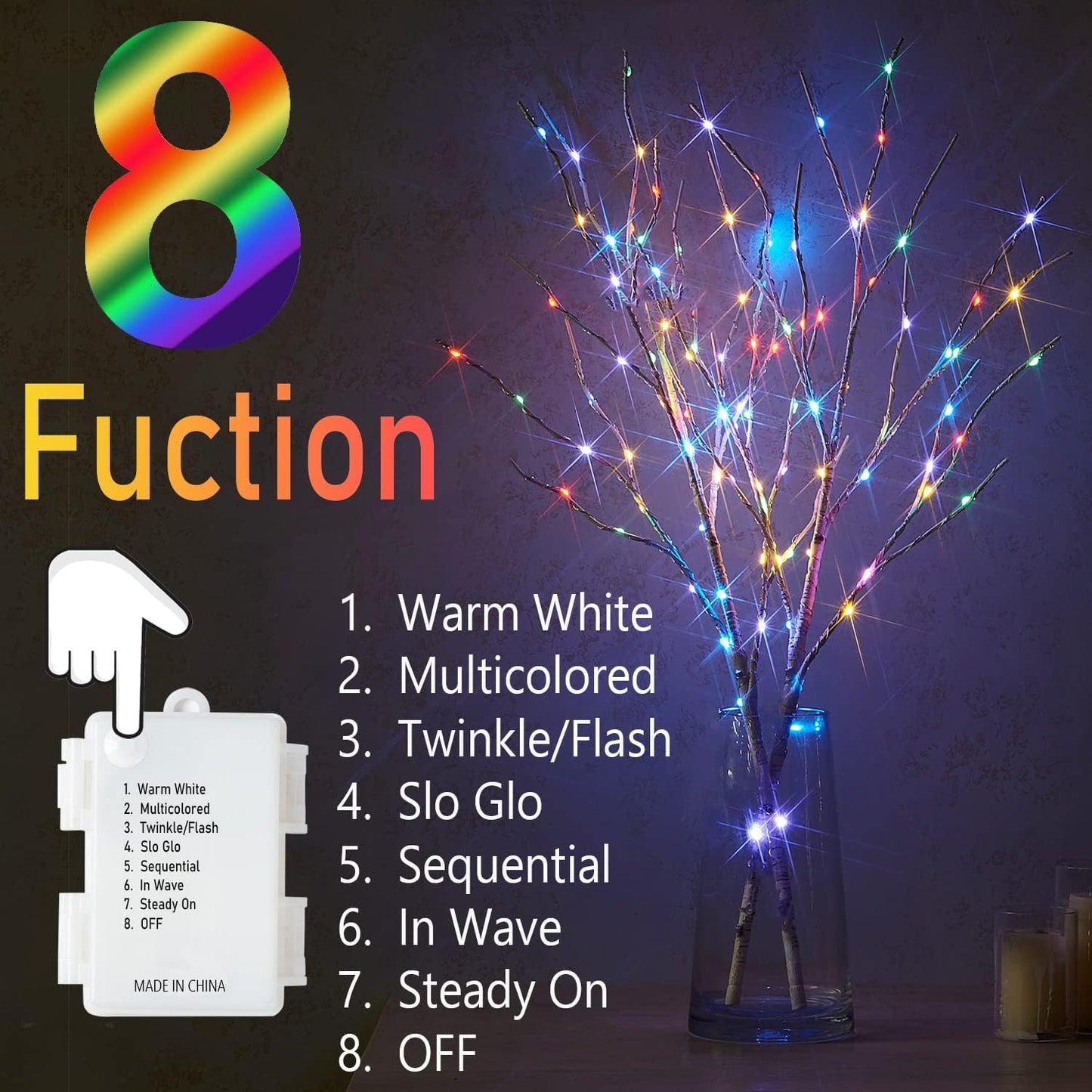 Fudios Lighted White Birch Branches with 100 Multicolor LED Fairy Lights 32in 8 Fuctions, Battery Color Changing Christmas Twig Lights for Vase Indoor Holiday Decoration