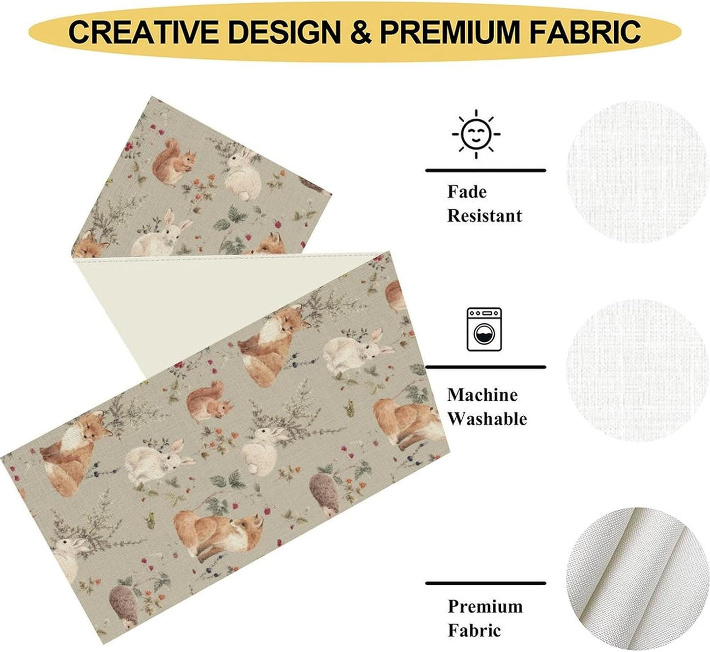 Rustic Woodland Table Runner, Farmhouse Forest Animals Country Lodge Wild Hunt Deer Rabbits Table Center Decor for Home Kitchen Dining Patio Holiday Party Indoor Table Decorations, 13"x108" Inch