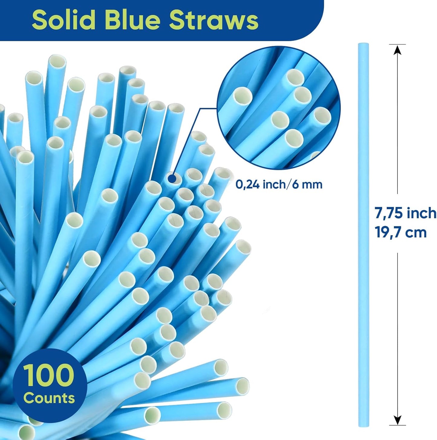 7.75'' x 0.24'' Disposable Solid Blue Unwrapped Paper Straws for Drinking 100 Counts - for Cocktail, Beverage, Cake Pops