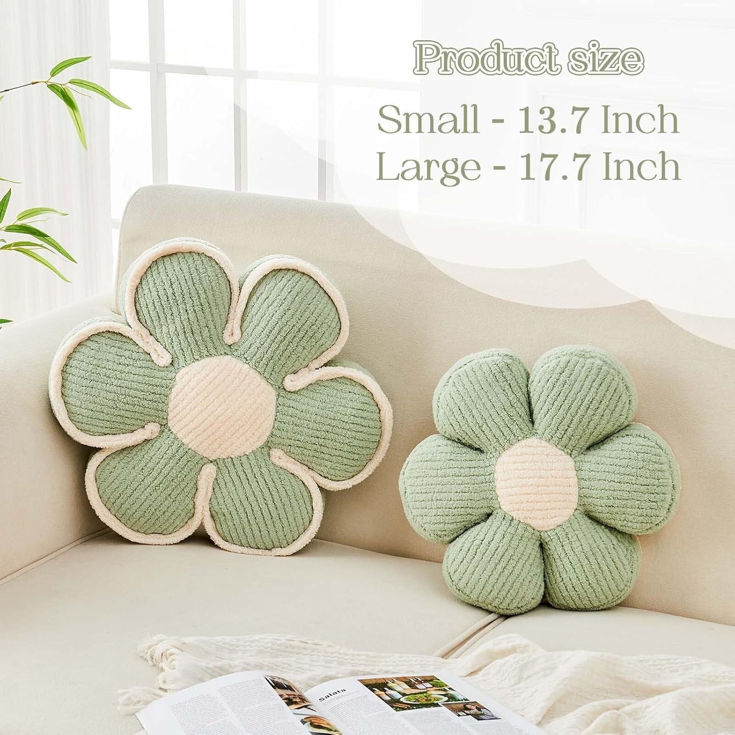 Flower Pillow, Soft Flower Decorative Throw Pillow, Cute Daisy Flower Shaped Seating Floor Cushion Room Décor Plush Pillows for Sofa Couch Bed (17.7 Inch, Sage Green)