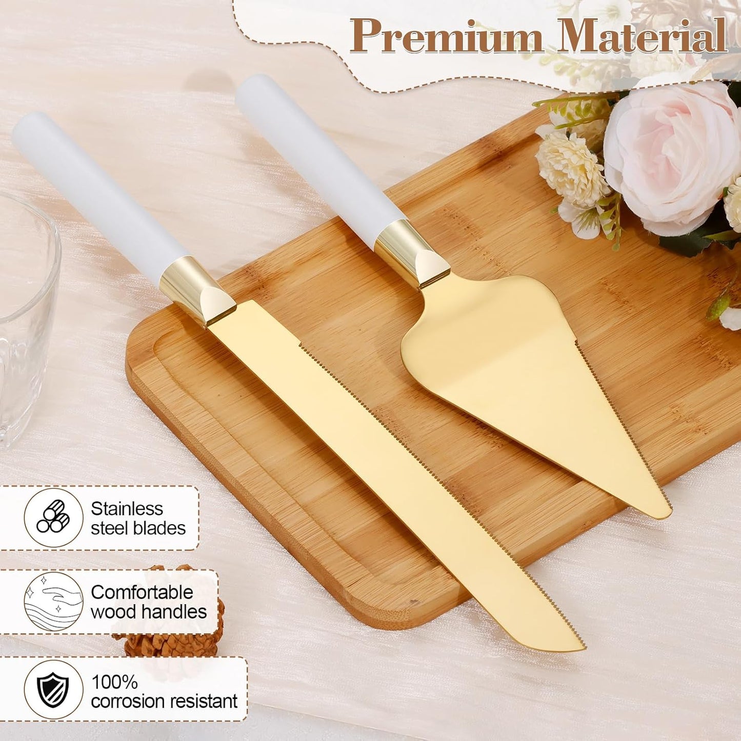 Gold Cake Cutting Set for Wedding, Wood Cake Knife & Server Set, Vintage 2-Piece Pie Cutter Serving Set, Serrated Pizza Utensils, Anniversary Birthday Bridal Gift (White)