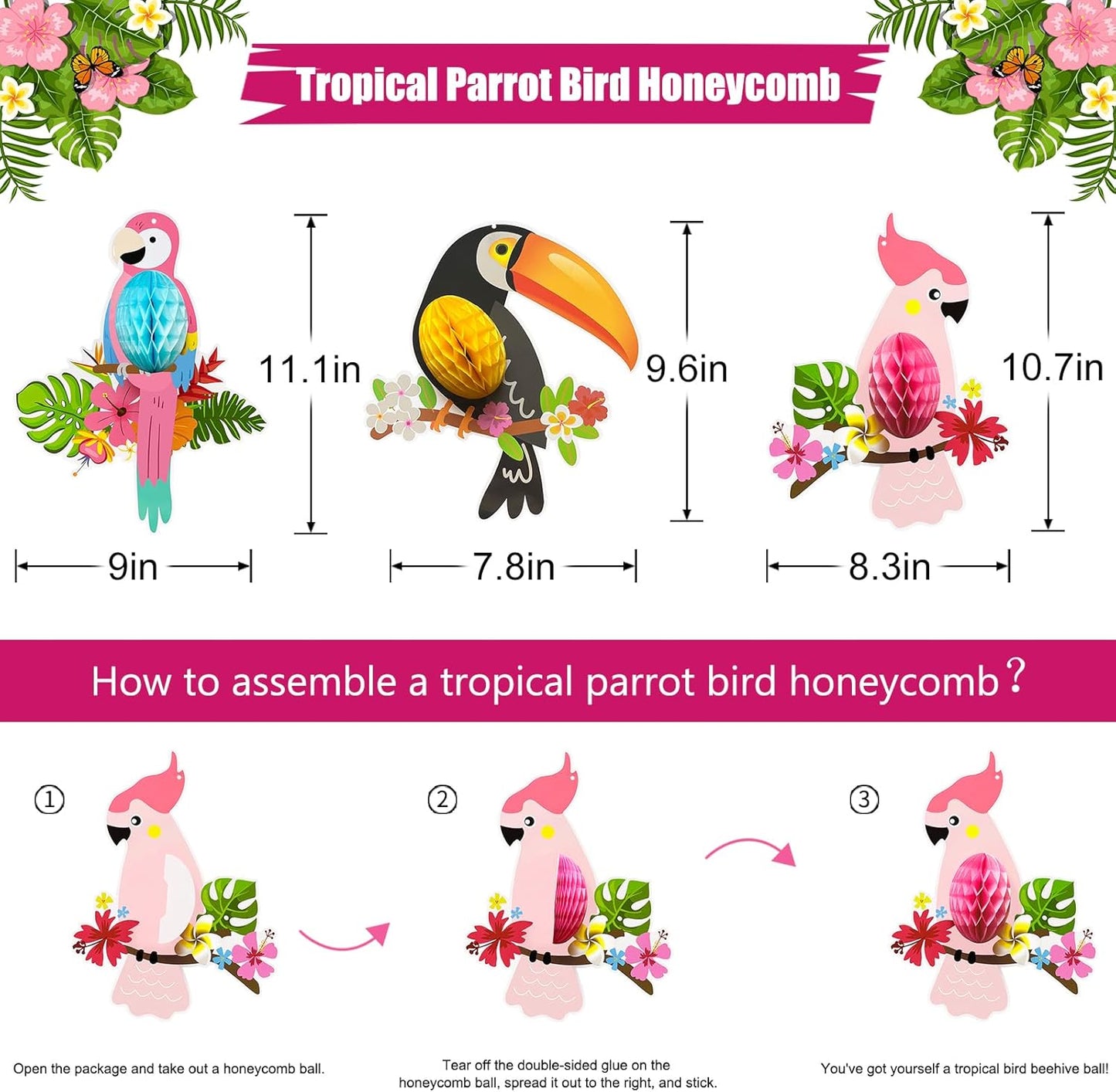 Luau Party Decorations, Aloha Paper Lanterns Tropical Parrot Birds Tissue Paper Fans Pineapple Honeycomb Decorations for Beach Pool Flamingo Moana Birthday Party Supplies