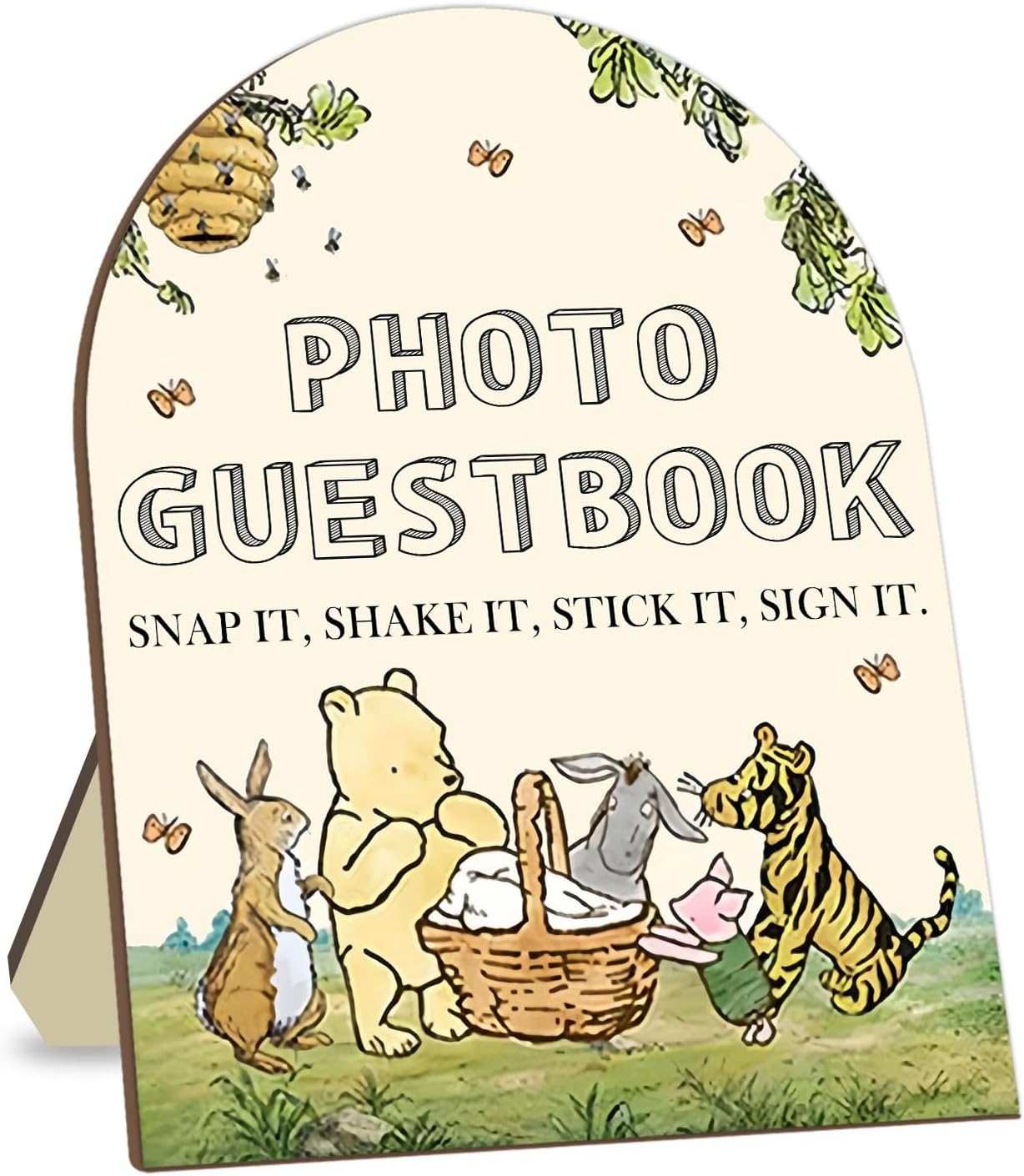 Winnie Wedding Photo Guestbook Desk Decor, The Pooh Photo Guestbook Wooden Sign, Baby Shower Party Decor, Wedding Party Supplies for Reception with Stand 8 * 10In