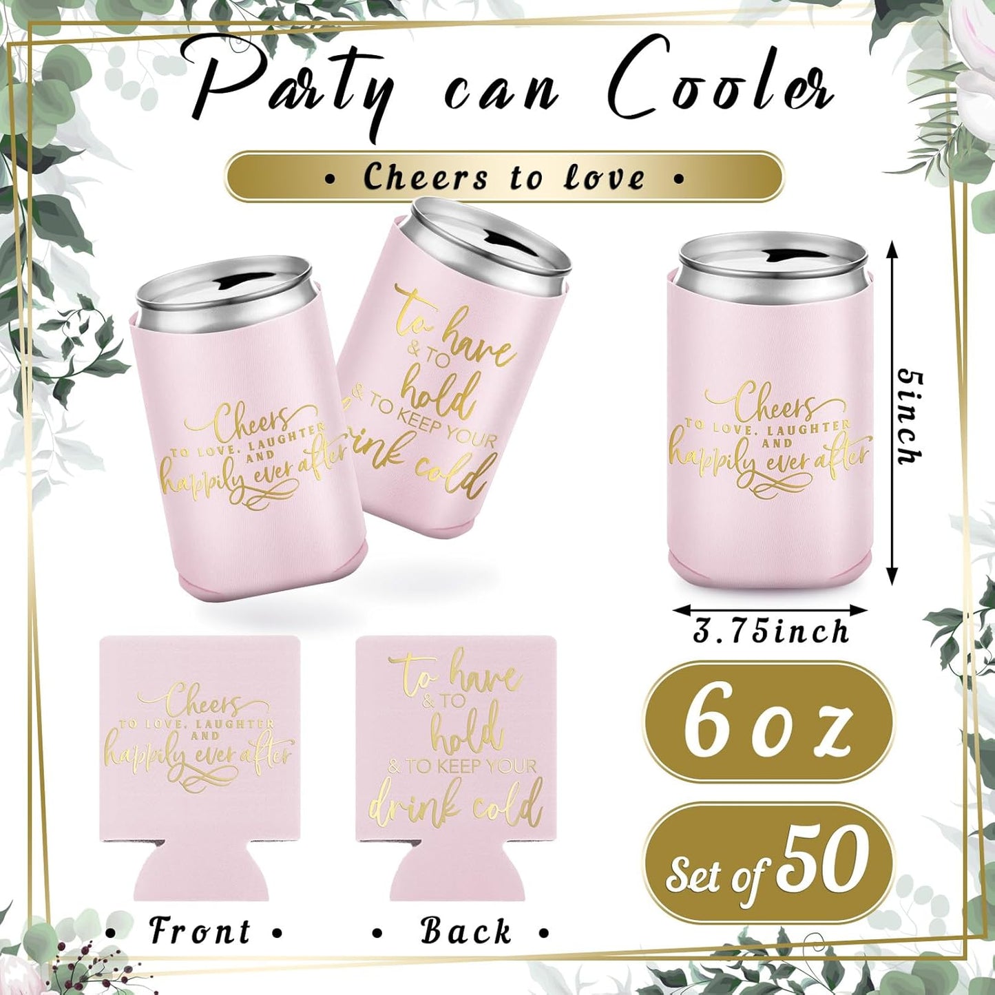 50 Pieces Pink Rose Wedding Can Cooler Bulk Engagement Party Favors for Guests Cheers to Love Laughter and Happily Ever After Rehearsal Dinner Decorations for Wedding Bridal Party