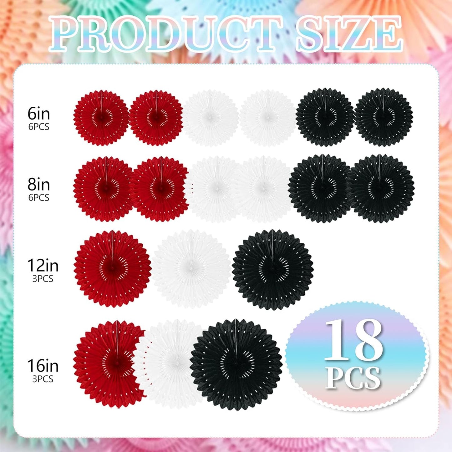 18 Pcs Black Red White Hanging Honeycomb Paper Fans, Round Paper Fan Decorations for Weddings, Birthdays, Bachelorette, Photo Booth Backdrops, Baby Shower, Anniversary Events Party Supplies