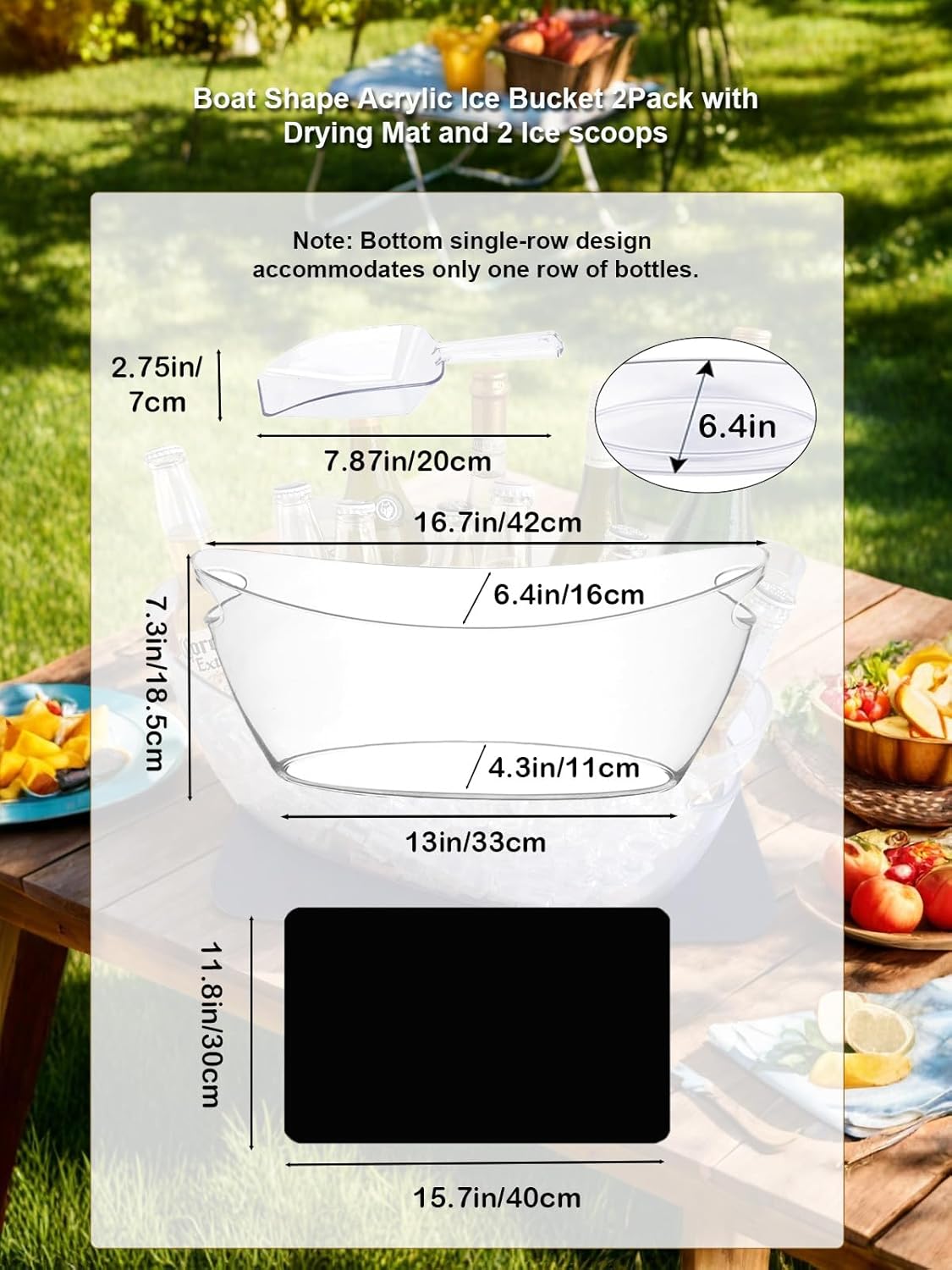 5.5L 16.7x6.4x7.3in Ice Bucket 1PCS with Drying Mat & Scoop for Parties, Mimosa Bar Supplies Beverage Tub for Champagne Beer Sparkling Wine, Acrylic Drink Cooler/Holder Food Grade Boat Shape